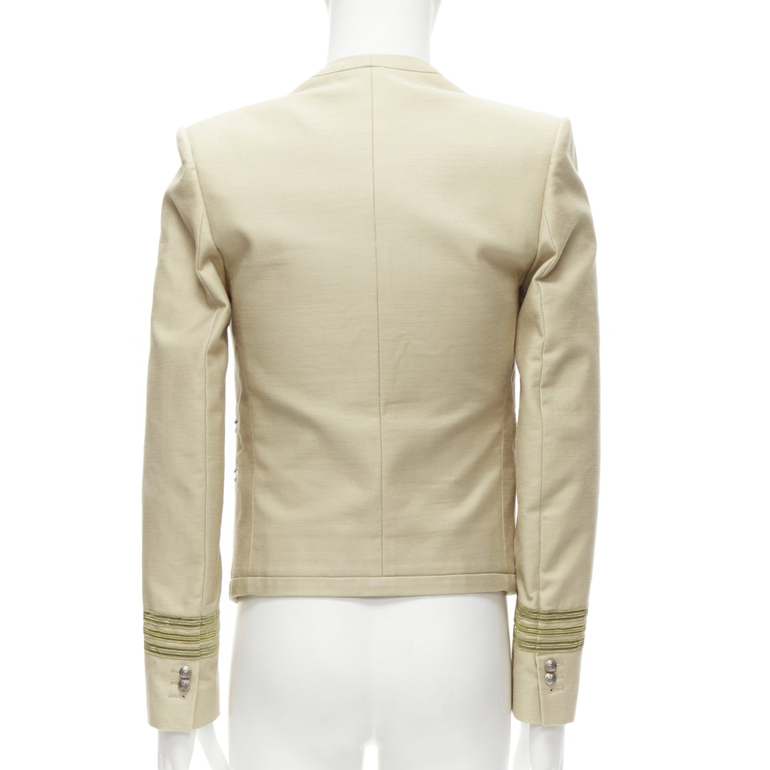 BALMAIN beige cotton military gold trim zippers cropped fitted jacket EU46 S