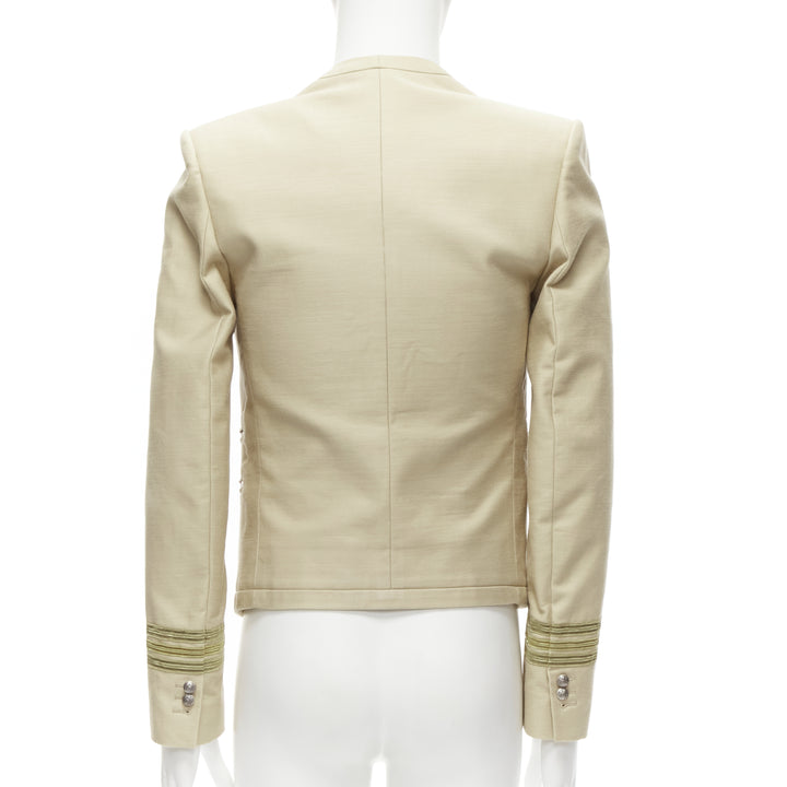 BALMAIN beige cotton military gold trim zippers cropped fitted jacket EU46 S