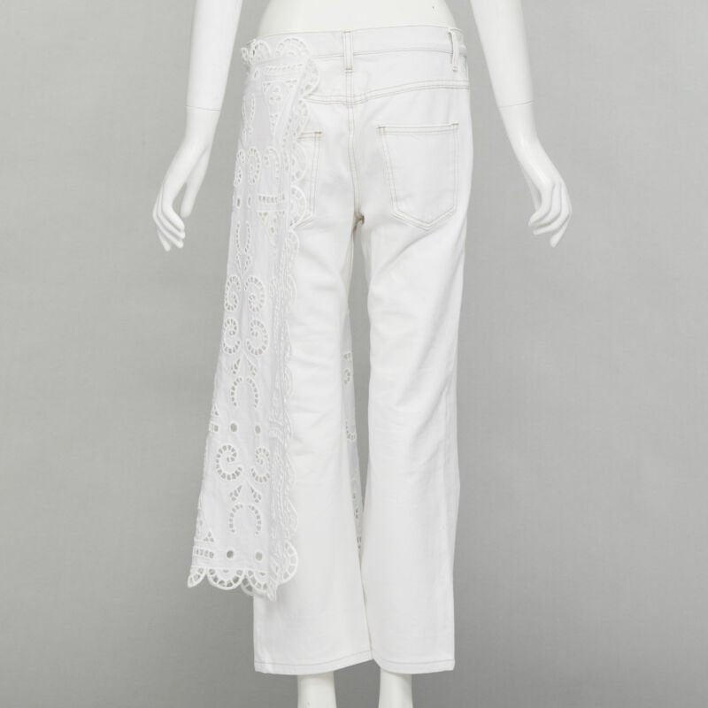 MONSE white denim cotton embroidery anglais draped trim straight leg jeans US2 S