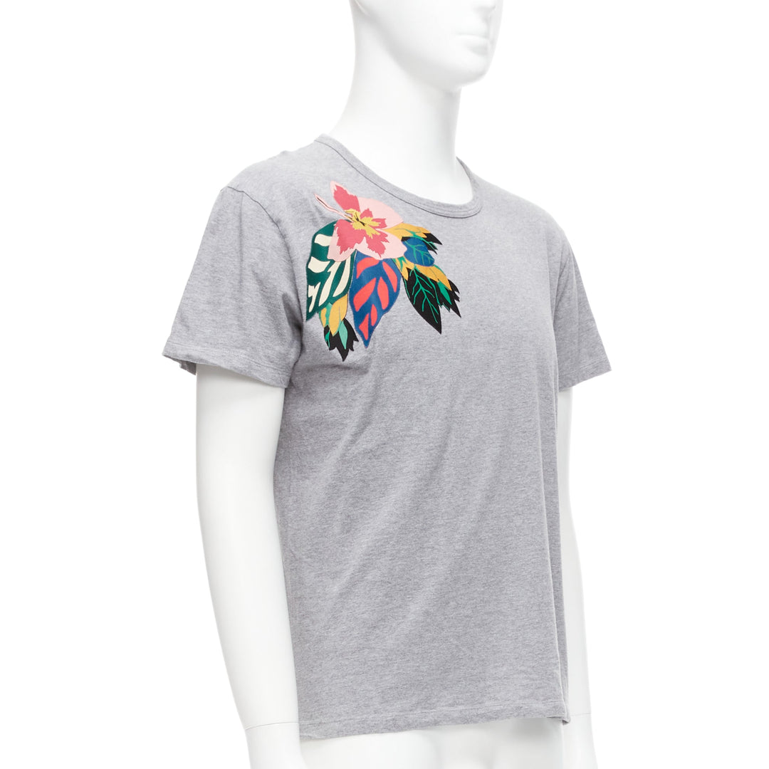VALENTINO grey cotton multicolour Cuban Flower patch crew neck tshirt M