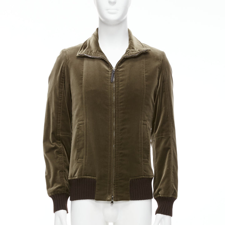 COSTUME NATIONAL smoked khaki cotton blend velvet panelled zip bomber IT50 L