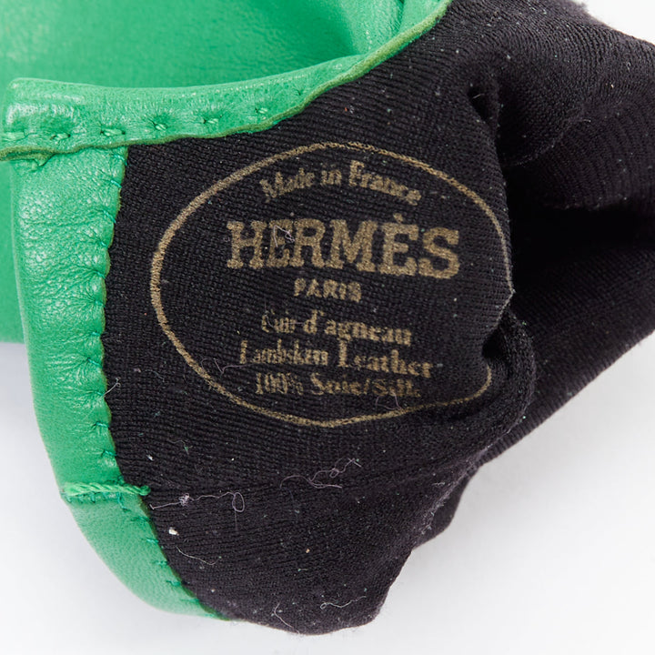 HERMES kelly green leather silver Medor stud ring silk lined gloves Sz6.5
