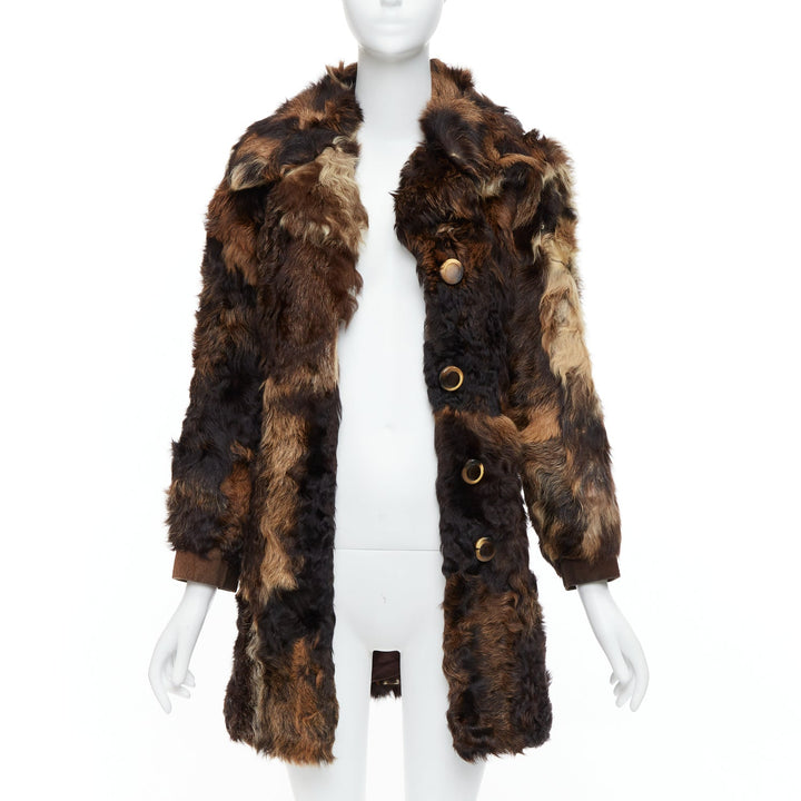 FRYLANE PARIS mixed texture brown genuine fur large button front leather coat