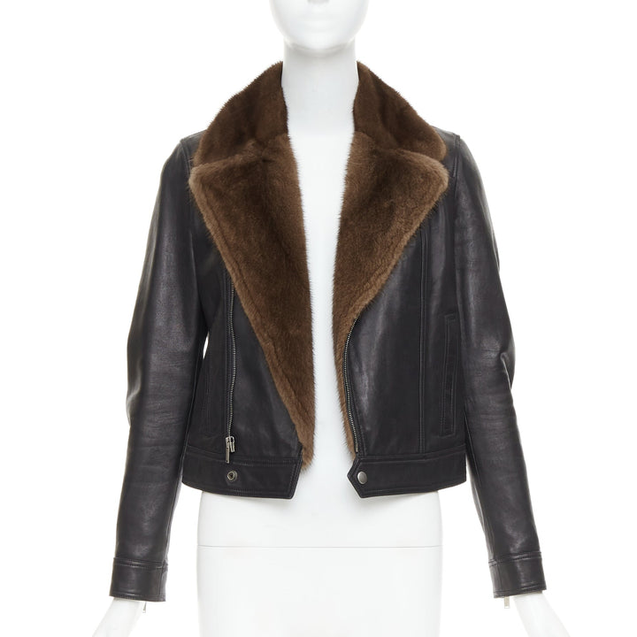 SAINT LAURENT 2018 brown mink fur black lambskin leather biker jacket FR38 M