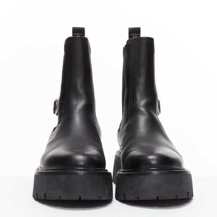 CELINE 2022 Bulky Chelsea black calfskin leather buckles biker boots EU39