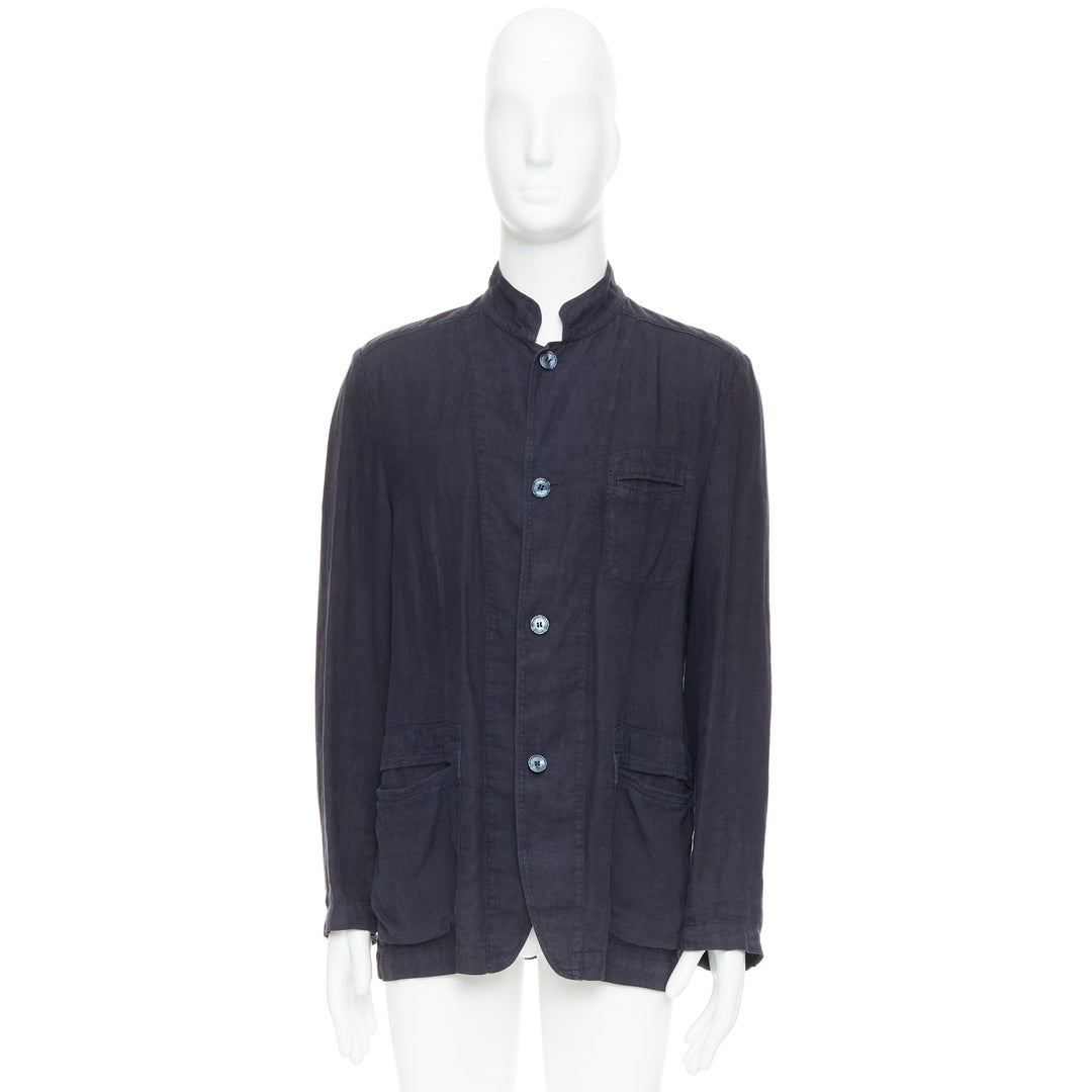 ERMENEGILDO ZEGNA navy linen 3 pockets stand collar light blazer IT48 M