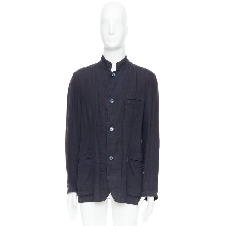 ERMENEGILDO ZEGNA navy linen 3 pockets stand collar light blazer IT48 M