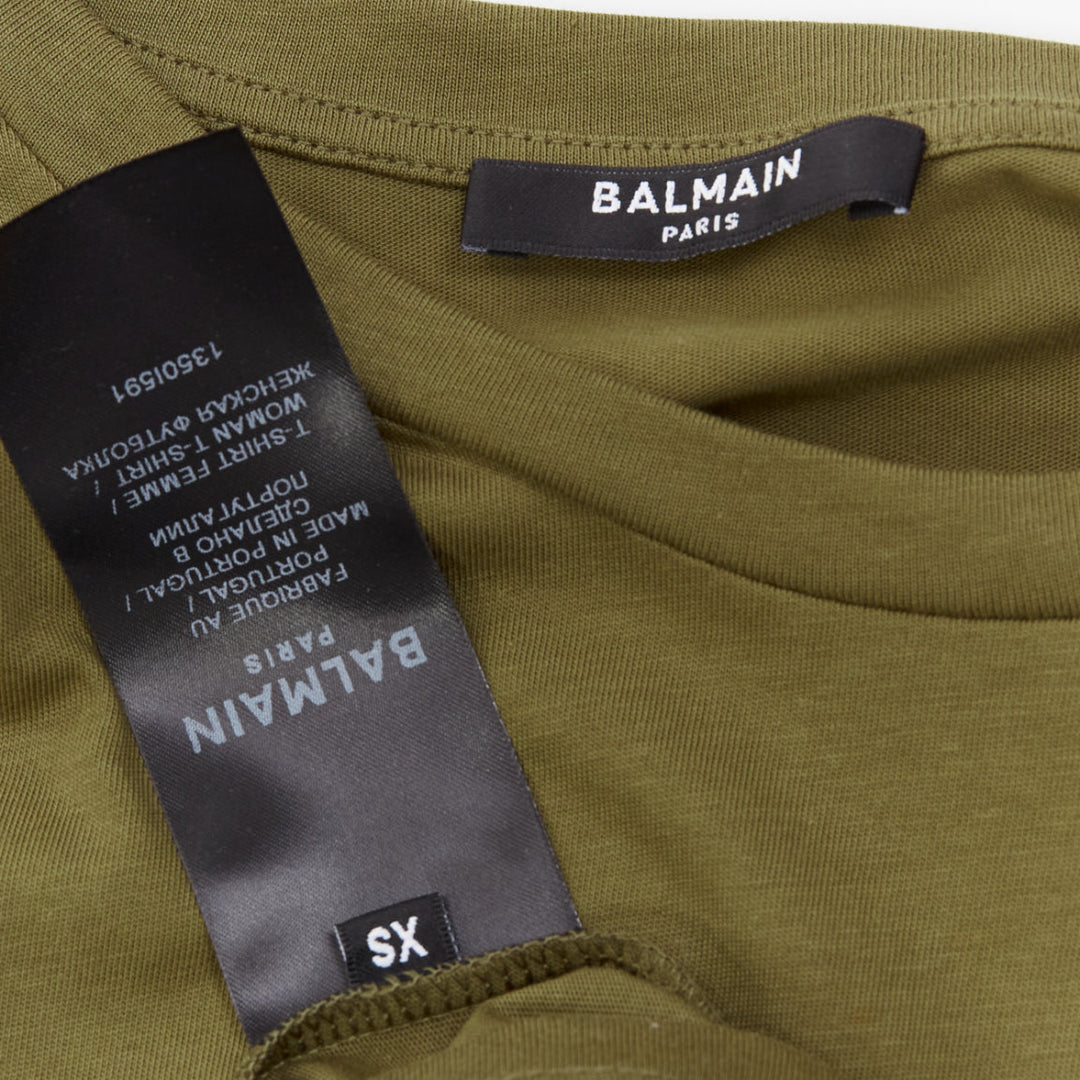 BALMAIN green brown distressed logo military buttons tshirt XS