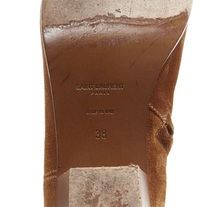 SAINT LAURENT Wyatt tan brown suede almond toe cuban bootie EU38