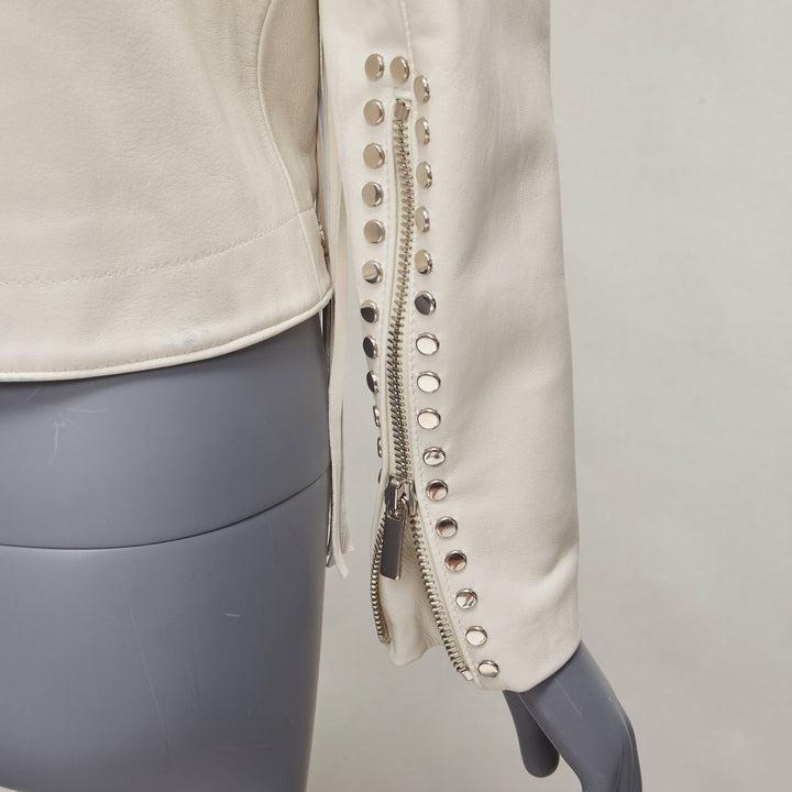 NOUR HAMMOUR cream lambskin fringe silver studs western biker jacket FR34 XS