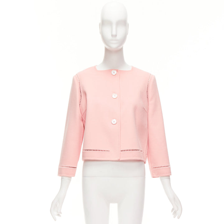 ERMANNO SCERVINO pink 100% virgin wool eyelet trim shell button jacket IT42 M