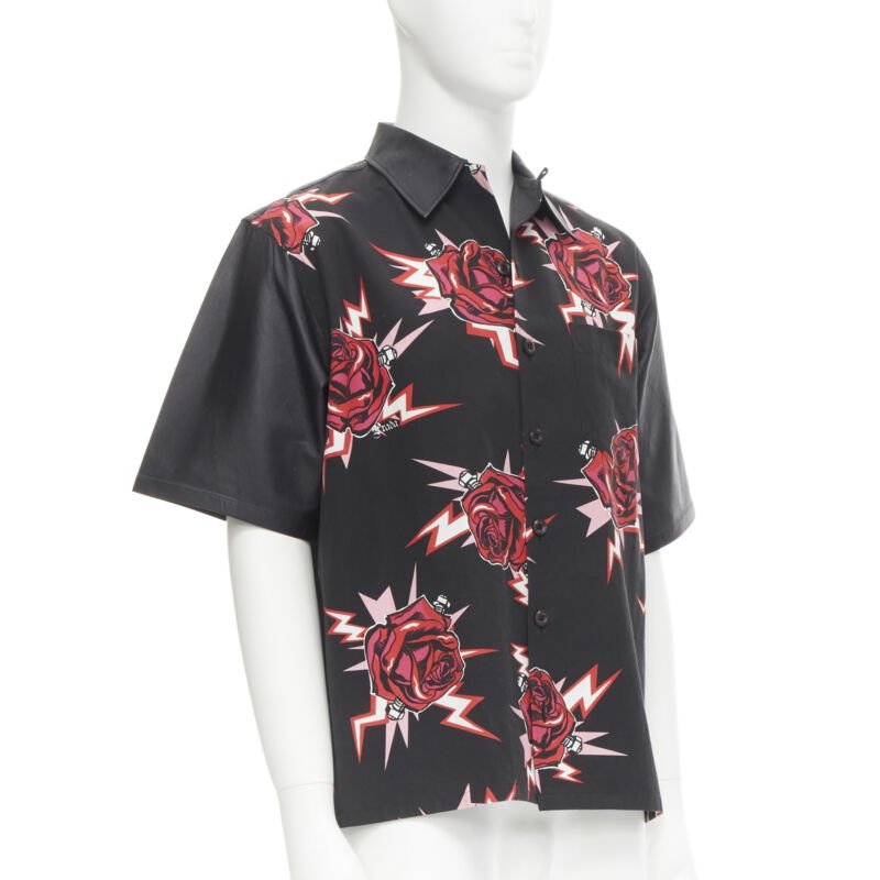 PRADA 2019 black red Rose Bolt cotton leather boxy bowling shirt EU48 M