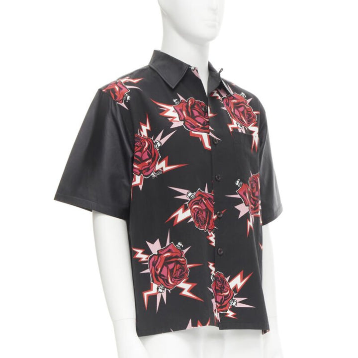 PRADA 2019 black red Rose Bolt cotton leather boxy bowling shirt EU48 M