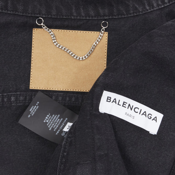 BALENCIAGA 2017 Scarf Collar Neck Tie washed black denim trucker jacket FR34 XS