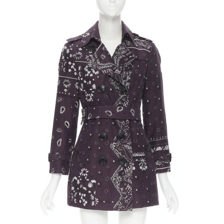BURBERRY PRORSUM purple paisley bandana print double breasted trench coat UK6 XS