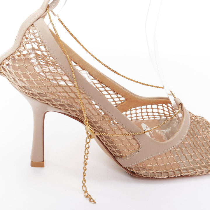 BOTTEGA VENETA Stretch nude leather fishnet square toe chain heels EU37