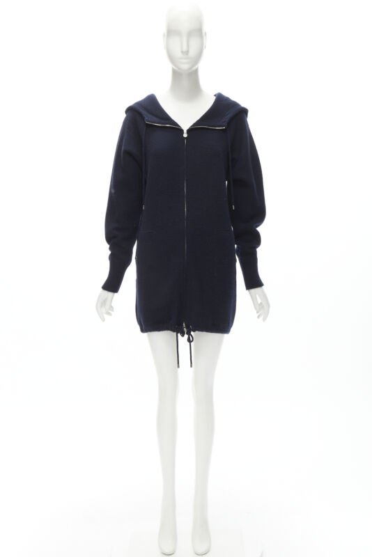 CHANEL 100% cashmere navy silver CC zip up hooded sweater FR34 XS