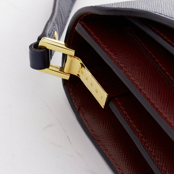 MARNI Trunk navy burgundy textured leather clasp crossbody bag
