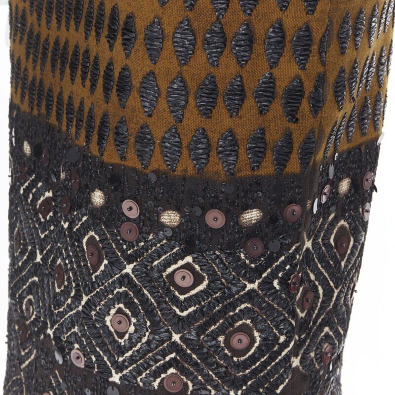 OSCAR DE LA RENTA 2008 brown raffia sequins embellished jacquard skirt US0 24"