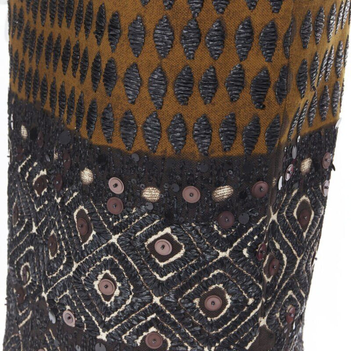 OSCAR DE LA RENTA 2008 brown raffia sequins embellished jacquard skirt US0 24"