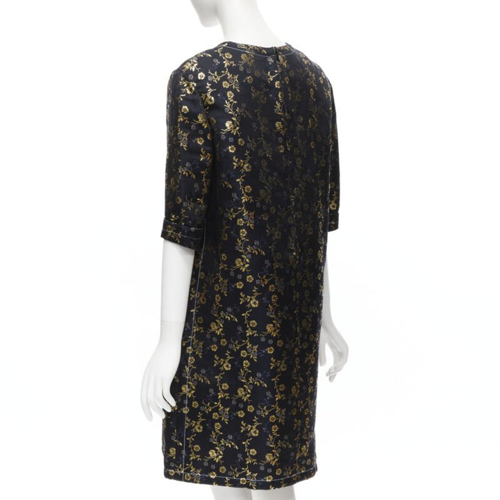 MARNI 2019 black gold blue floral jacquard cuffed sleeve trapeze dress IT40 S