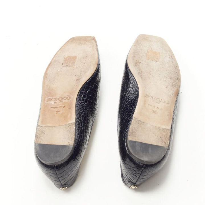 JIMMY CHOO black navy mock croc leather square toe JC charm flats EU38