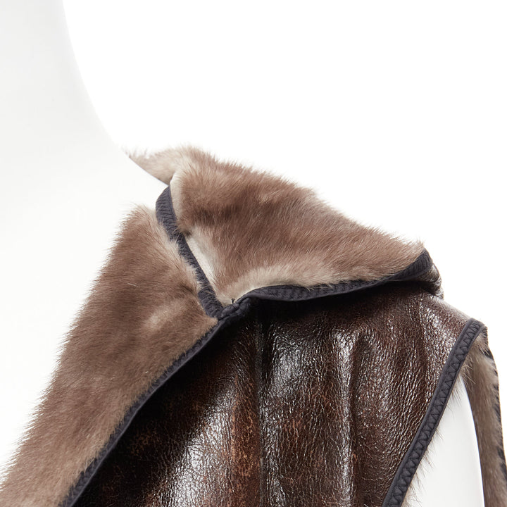 MARNI Mink Gilet Reversible brown colorblocked textured fur hooded vest IT40 S