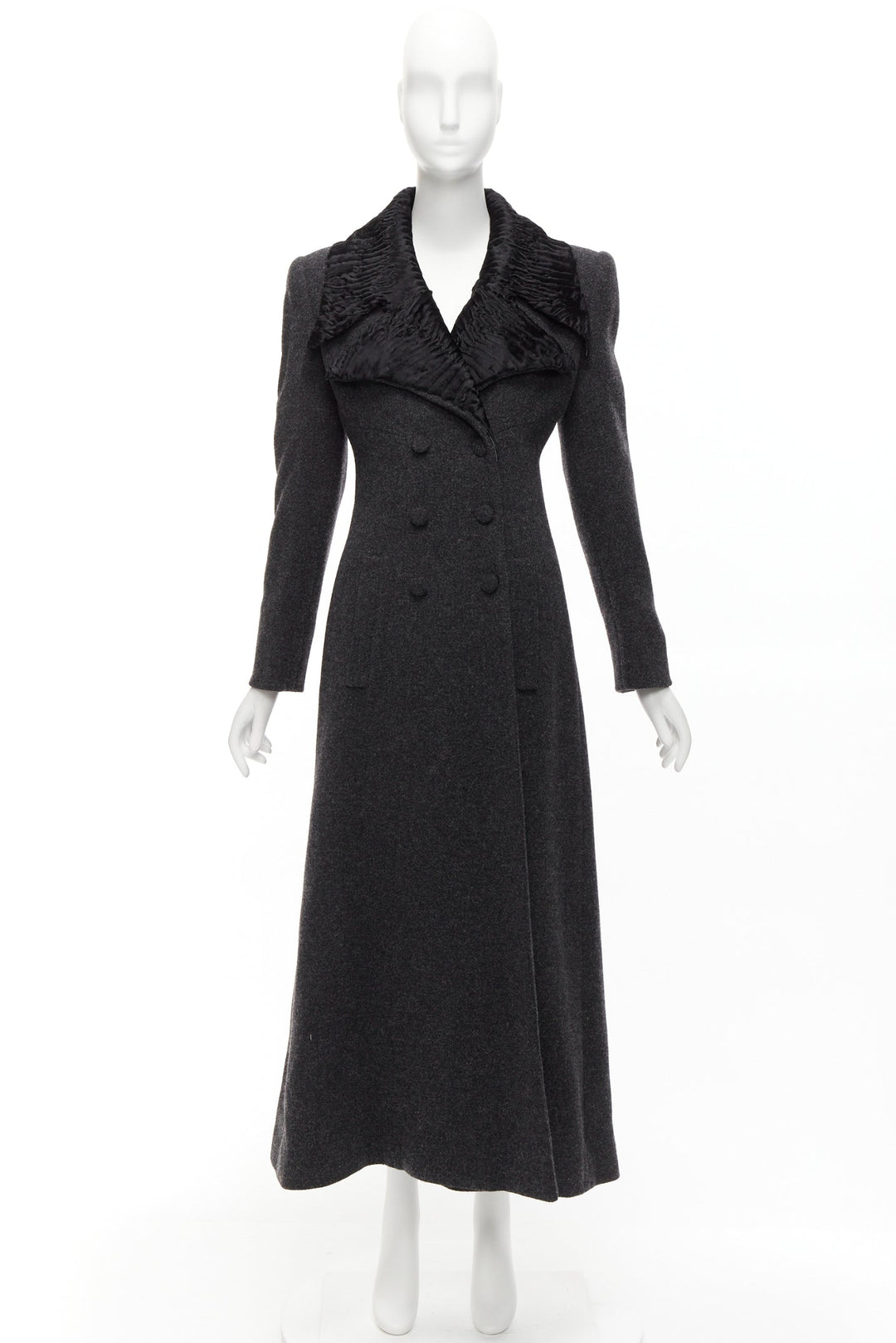 FENDI Vintage Astrakhan fur collar grey virgin wool blend longline coat IT42 M