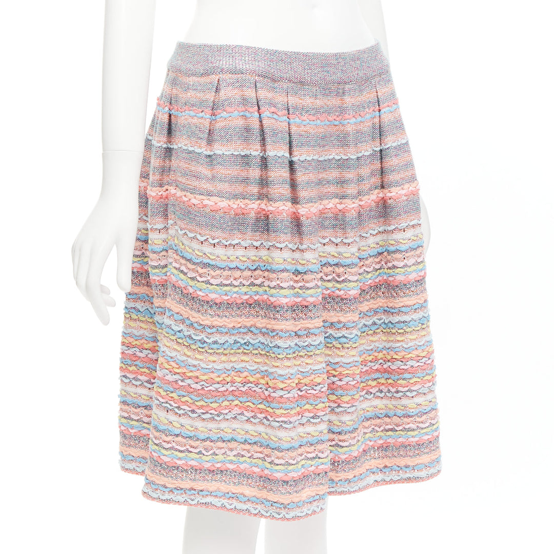 CHANEL 18P rainbow silk cotton cashmere ribbon tweed knee length skirt FR40 L