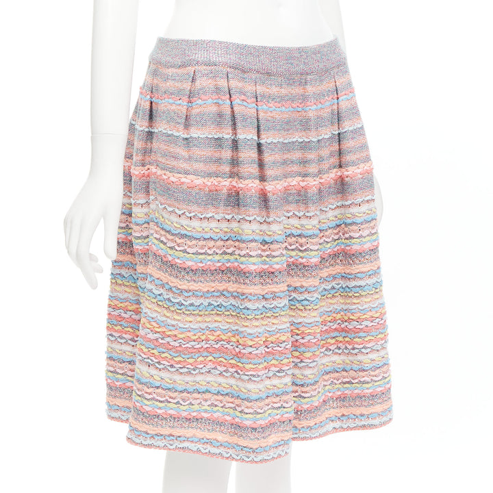 CHANEL 18P rainbow silk cotton cashmere ribbon tweed knee length skirt FR40 L