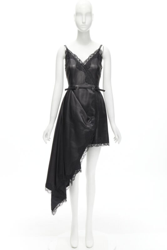ALEXANDER MCQUEEN 2022 black leather lace asymmetric wrap draped dress IT38 XS