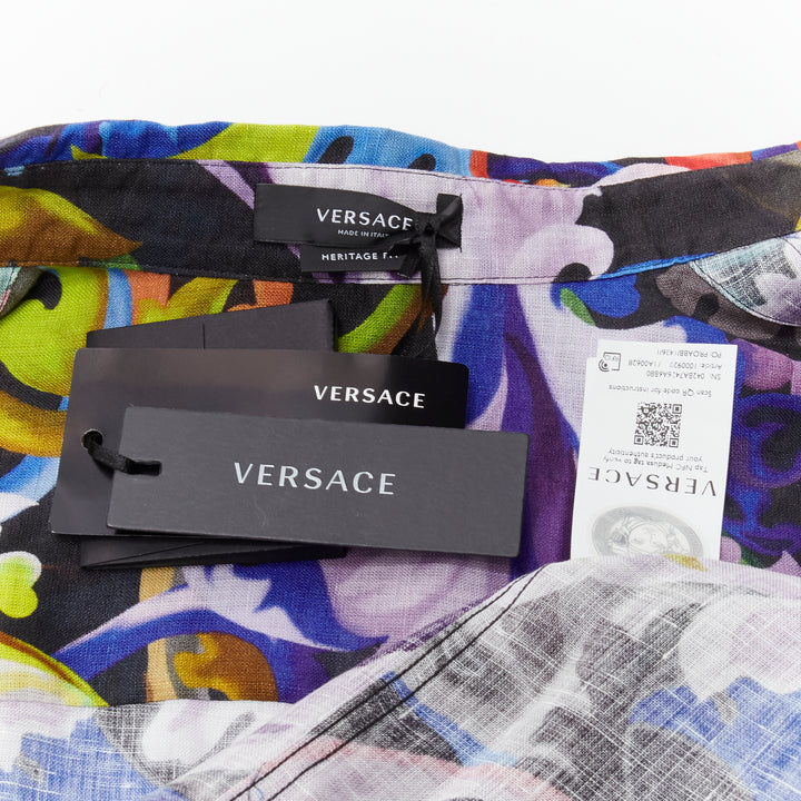 VERSACE 2021 Runway Baroccoflage colorful baroque floral linen shirt EU39 M