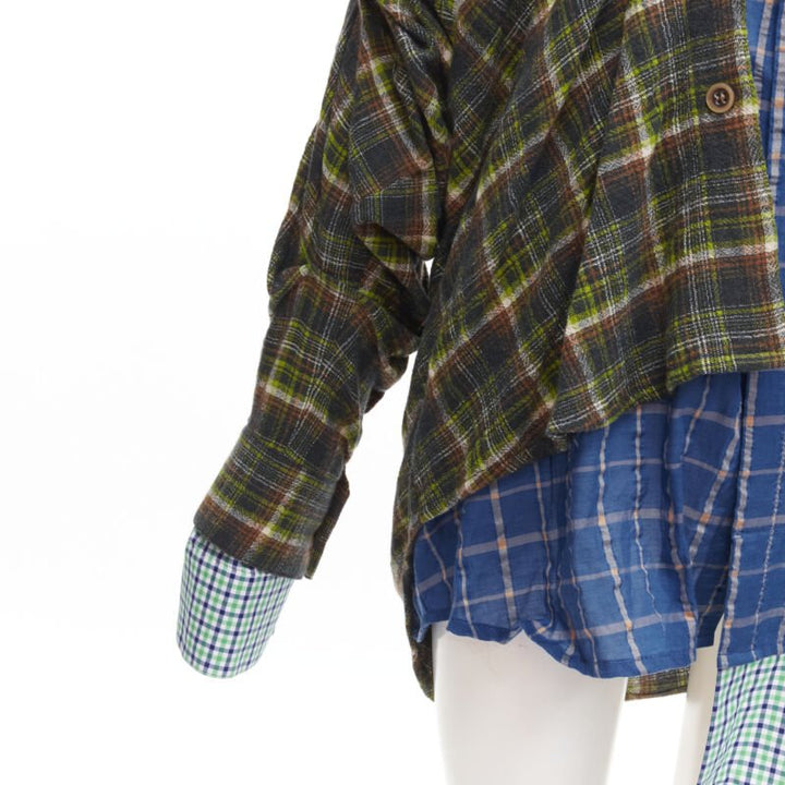 NATASHA ZINKO pink logo blue green trio deconstructed grunge plaid shirt FR34 XS
