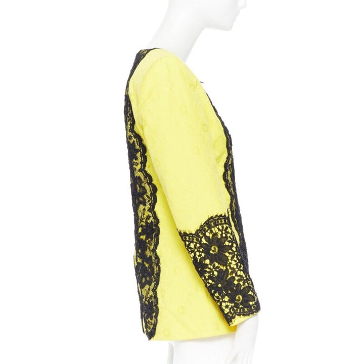 CHRISTIAN LACROIX yellow cotton floral jacquard black lace padded jacket FR40