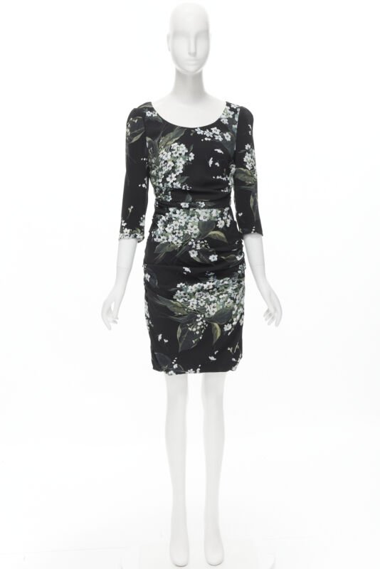 DOLCE GABBANA silk black white green floral print ruched bodycon dress IT40 XS