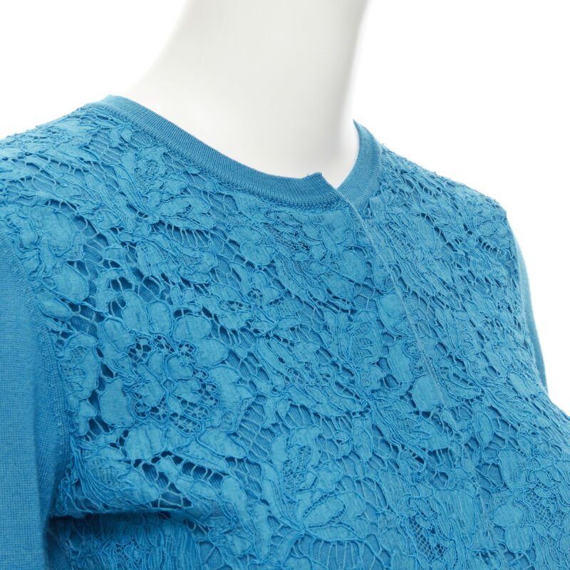 VALENTINO blue floral lace front wool silk cashmere cardigan sweater S