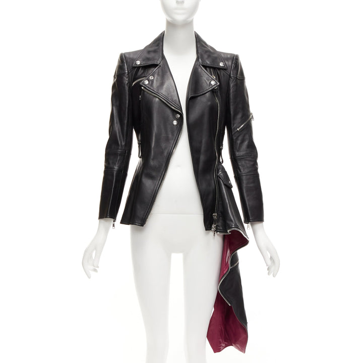 ALEXANDER MCQUEEN Runway black leather zip asymmetric hem biker jacket IT38 XS