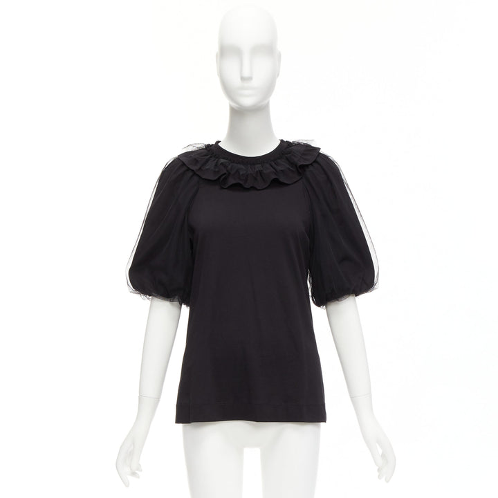 SIMONE ROCHA black cotton sheer overlay puff sleeves ruffle tshirt XS