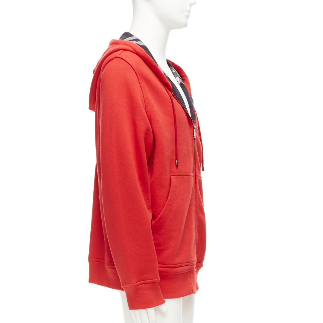 BURBERRY red cotton blend house check lined logo oversized hoodie XS