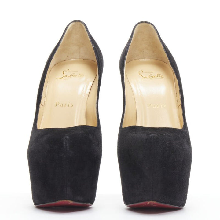 CHRISTIAN LOUBOUTIN Daffodile 160 black suede almond toe platform pump EU38