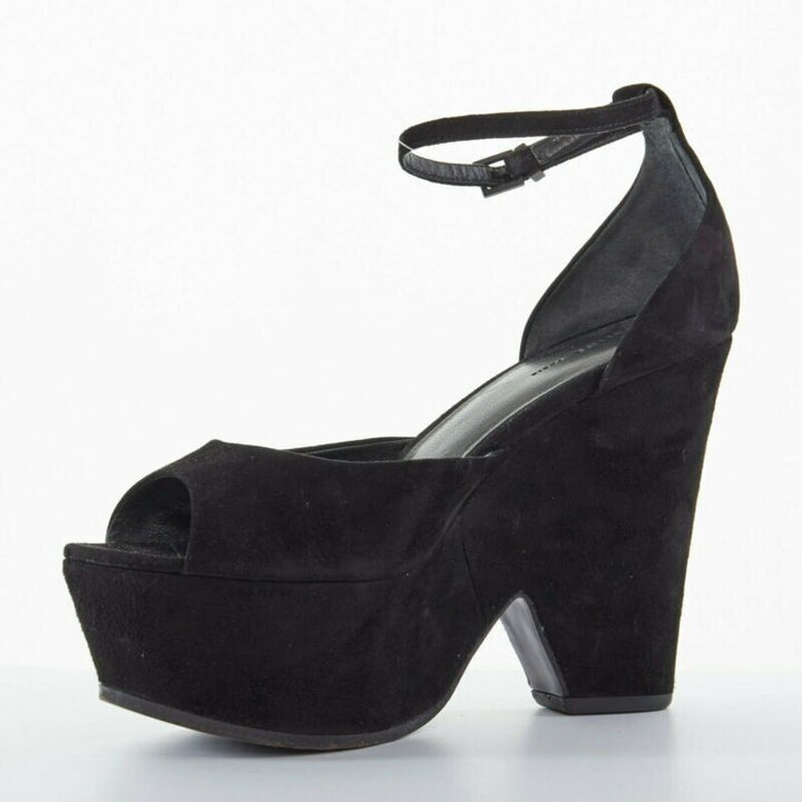 CELINE PHOEBE PHILO black suede cut out platform wedge ankle cuff heels EU36 US6