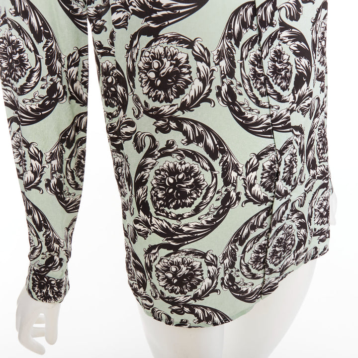 VERSACE 100% silk green black baroque floral print button up shirt IT38 XS