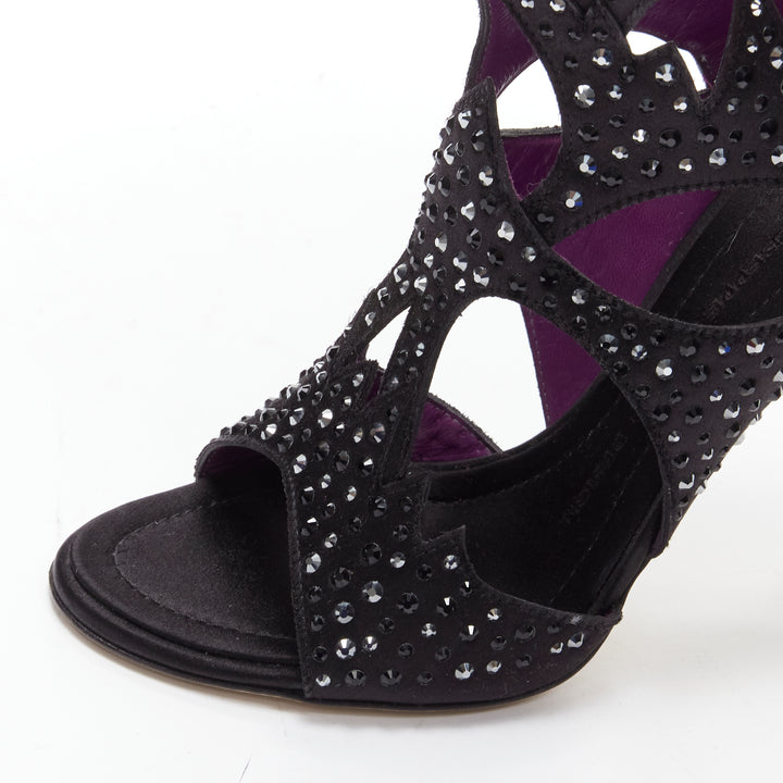 GIUSEPPE ZANOTTI black crystal satin leather lined cutout sandals heels EU37.5