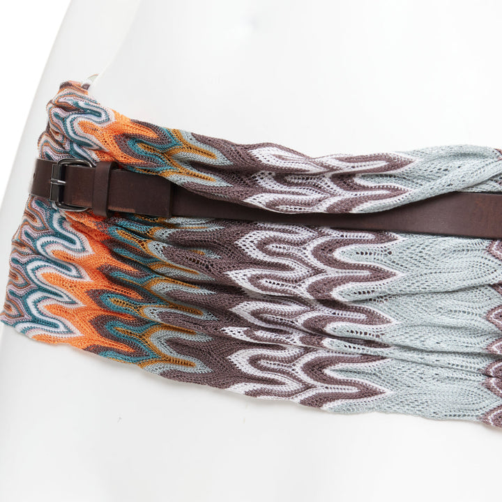 MISSONI multicolor wavey pattern fabric knitted brown leather wrap belt IT40 S