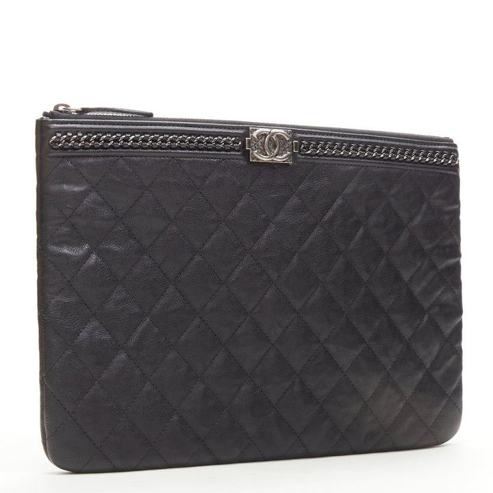 CHANEL Large Boy O Case black quilted leather chain trim flat pouch clutch bag
