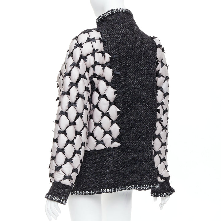 rare CHANEL 15A Runway black tweed white quilted tromp loeil ribbon  jacket FR50