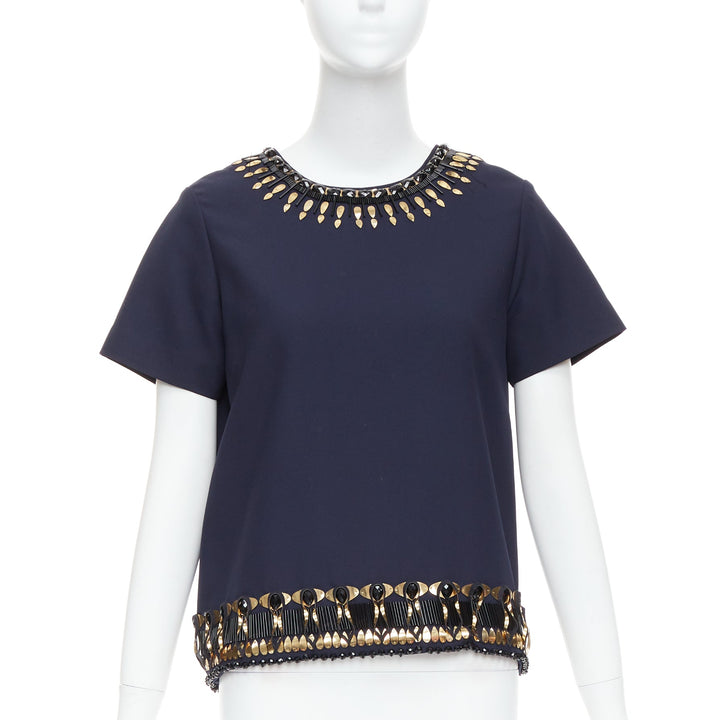 MANISH ARORA gold navy hand crafted 3D embellished top IT38 M