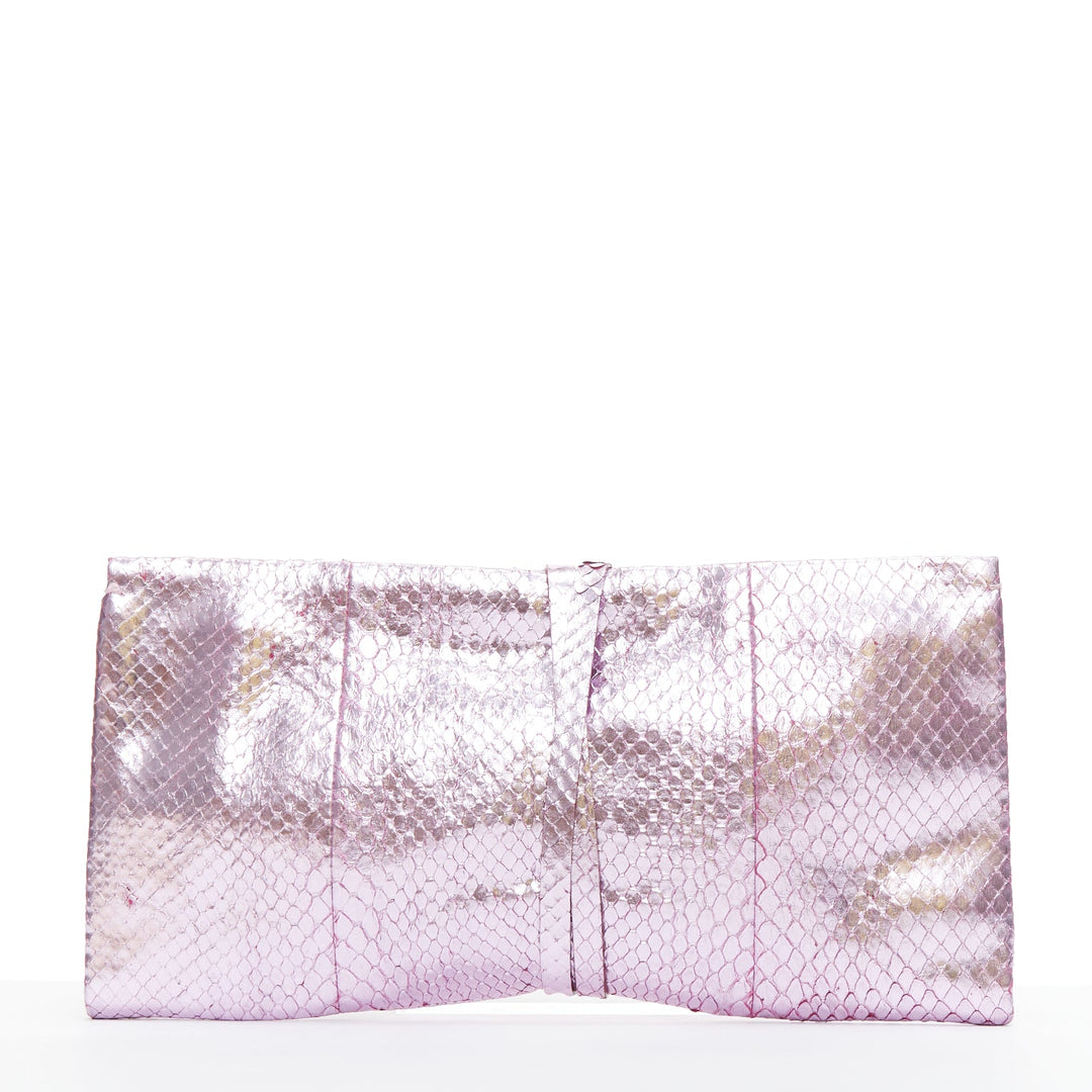 YVES SAINT LAURENT pink metallic scaled leather wraparound clutch bag