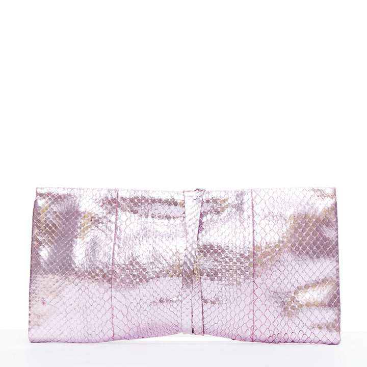 YVES SAINT LAURENT pink metallic scaled leather wraparound clutch bag