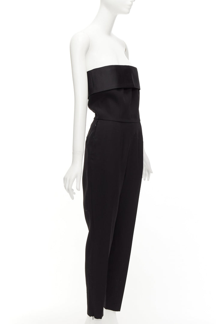 SAINT LAURENT 2014 black virgin wool silk strapless satin panel jumpsuit FR38 M